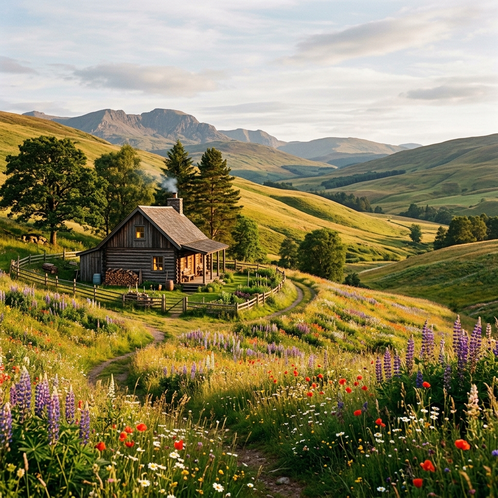A beautiful rustic landscape with rolling hills and warm sunlight